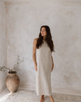 Women's natural linen maxi, midi dress with pockets, sleeveless with straps, square neck, relaxed fit and perfect for spring summer