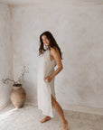 Women's natural linen maxi, midi dress with pockets, sleeveless with straps, square neck, relaxed fit and perfect for spring summer
