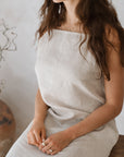 Women's natural linen maxi, midi dress with pockets, sleeveless with straps, square neck, relaxed fit and perfect for spring summer