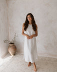 Women's white linen maxi, midi dress with pockets, sleeveless with straps, square neck, relaxed fit and perfect for spring summer