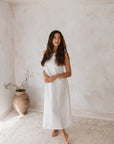 Women's white linen maxi, midi dress with pockets, sleeveless with straps, square neck, relaxed fit and perfect for spring summer