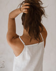 Women's white linen maxi, midi dress with pockets, sleeveless with straps, square neck, relaxed fit and perfect for spring summer