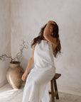 Women's white linen maxi, midi dress with pockets, sleeveless with straps, square neck, relaxed fit and perfect for spring summer