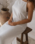 Women's white linen maxi, midi dress with pockets, sleeveless with straps, square neck, relaxed fit and perfect for spring summer