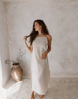 Women's natural linen maxi, midi dress with pockets, sleeveless with straps, square neck, relaxed fit and perfect for spring summer