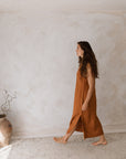 Women's 100% linen maxi, midi dress with pockets, rust colour, sleeveless with straps, square neck, relaxed fit and perfect for spring summer