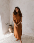 Women's linen maxi, midi dress with pockets, rust colour, sleeveless with straps, square neck, relaxed fit and perfect for spring summer