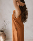 Women's linen maxi, midi dress with pockets, rust colour, sleeveless with straps, square neck, relaxed fit and perfect for spring summer