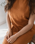 Women's linen maxi, midi dress with pockets, rust colour, sleeveless with straps, square neck, relaxed fit and perfect for spring summer