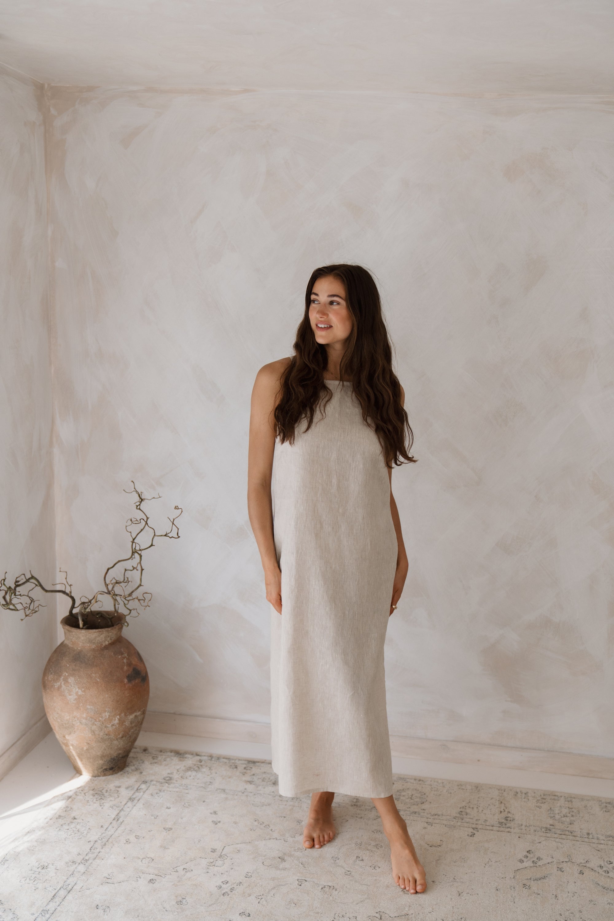 Women's natural linen maxi, midi dress with pockets, sleeveless with straps, square neck, relaxed fit and perfect for spring summer