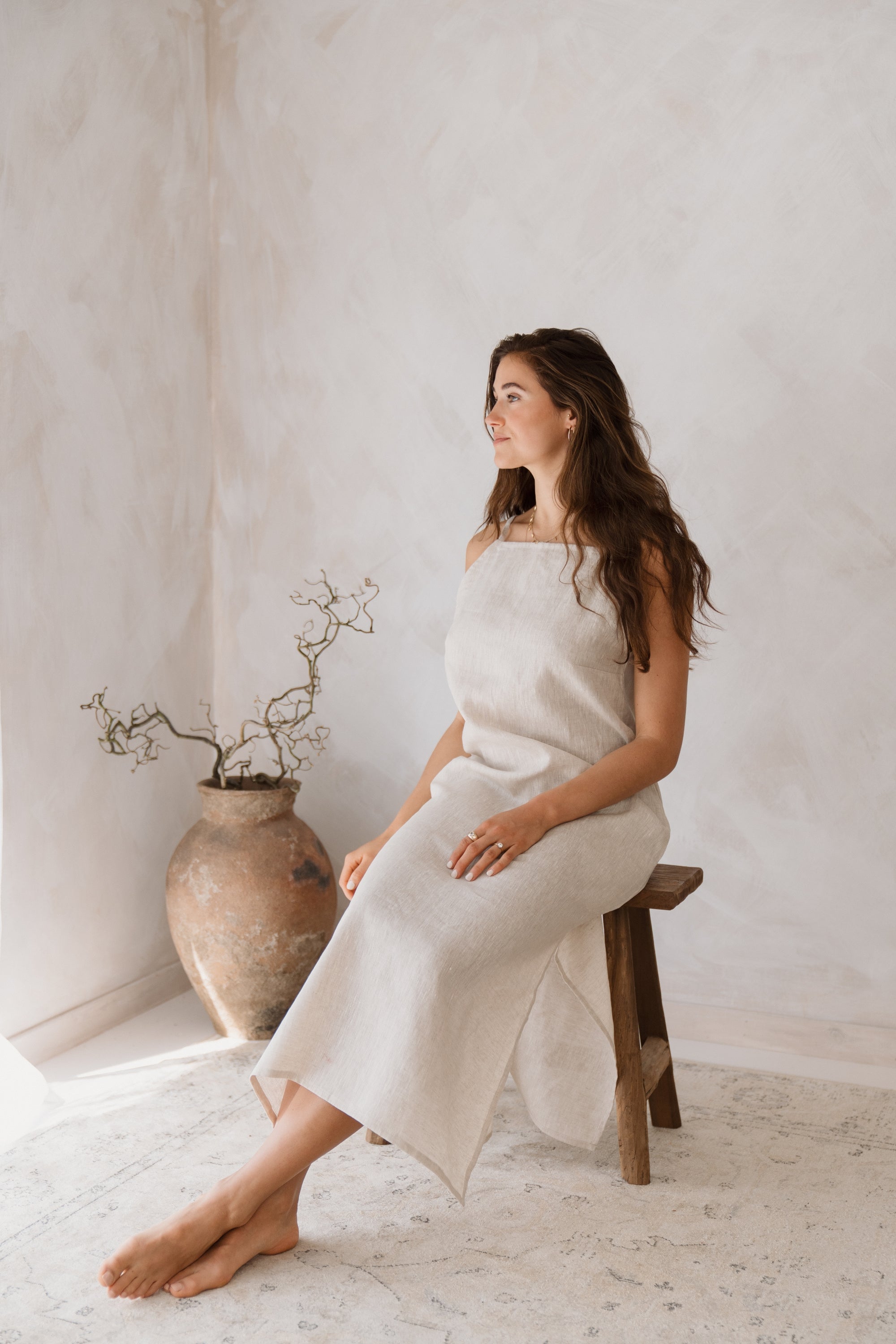 Women&#39;s natural linen maxi, midi dress with pockets, sleeveless with straps, square neck, relaxed fit and perfect for spring summer