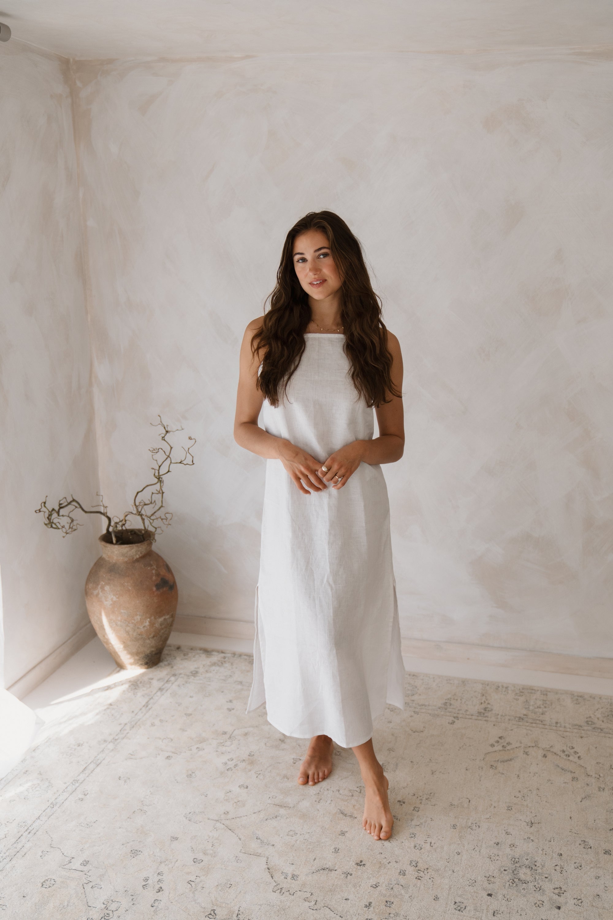 Women's white linen maxi, midi dress with pockets, sleeveless with straps, square neck, relaxed fit and perfect for spring summer