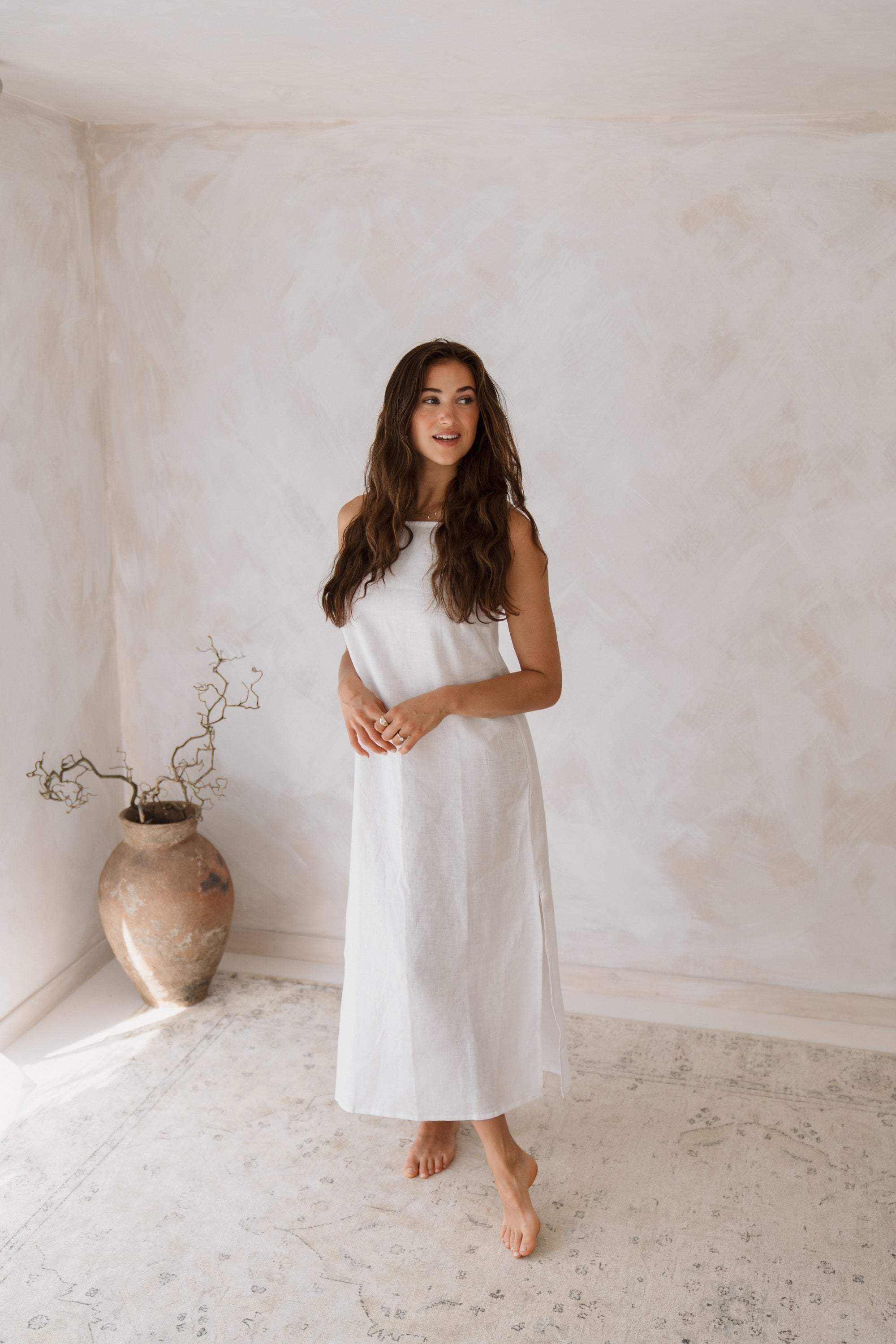 Women's white linen maxi, midi dress with pockets, sleeveless with straps, square neck, relaxed fit and perfect for spring summer