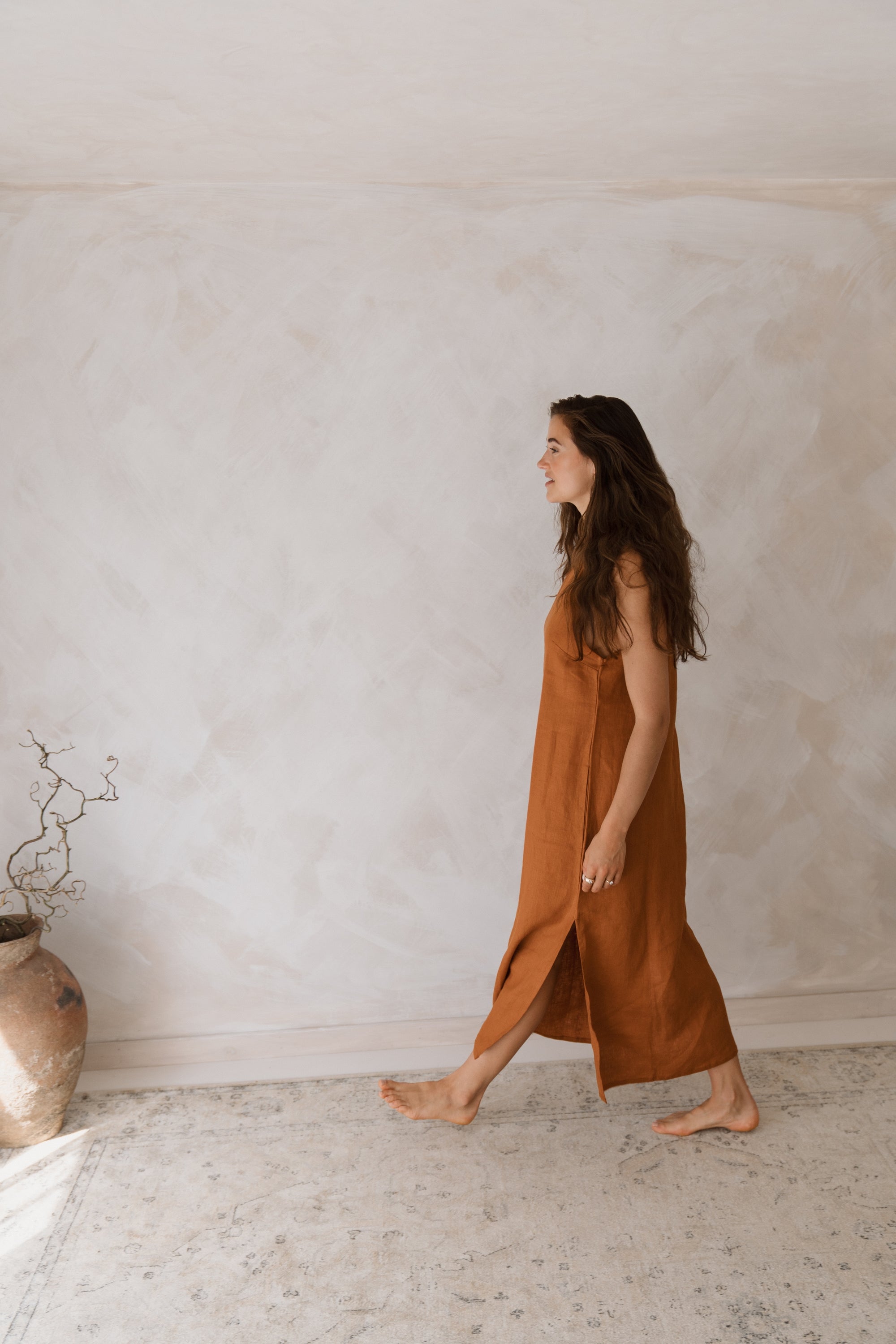 Women&#39;s 100% linen maxi, midi dress with pockets, rust colour, sleeveless with straps, square neck, relaxed fit and perfect for spring summer