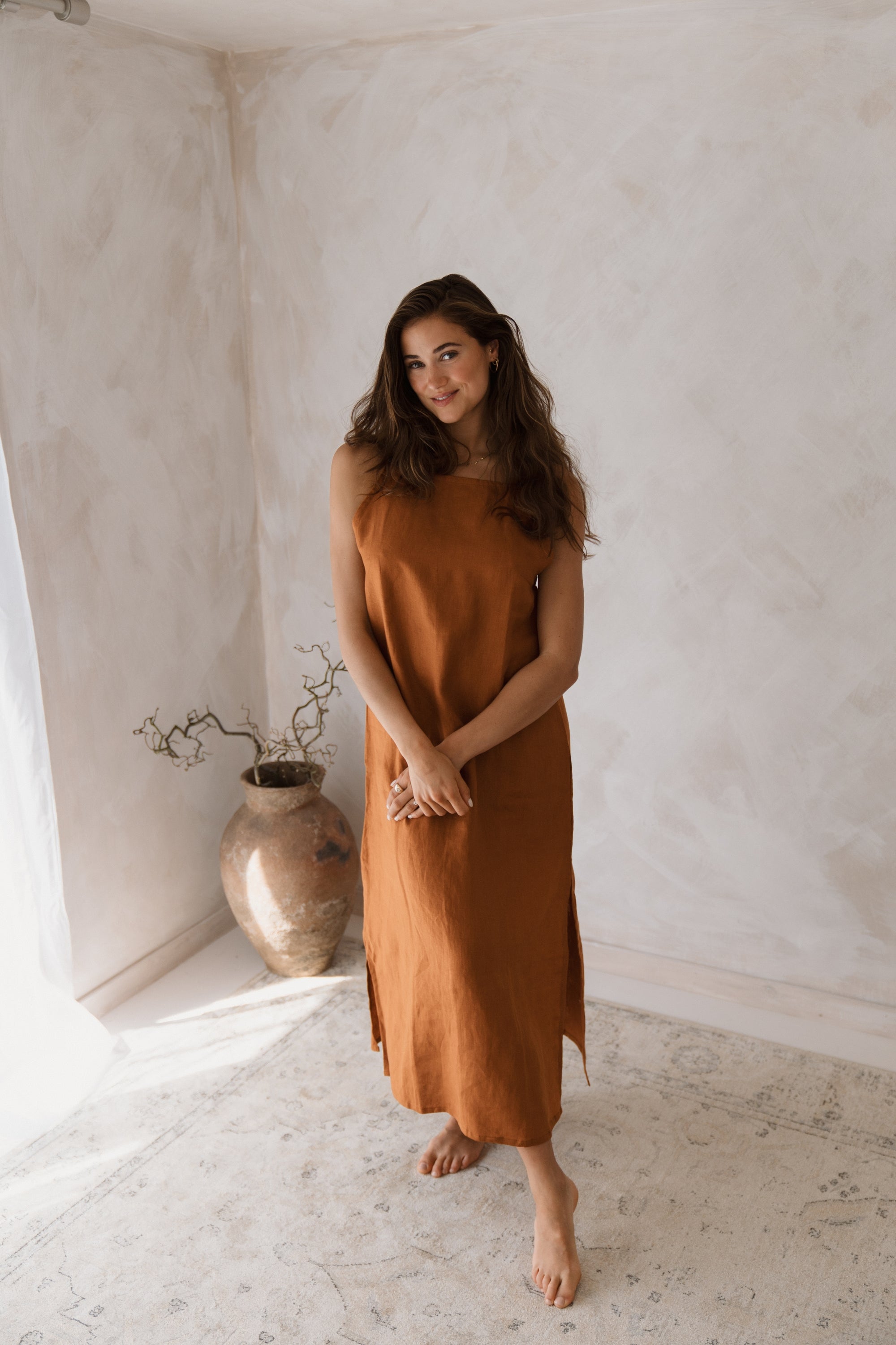 Women&#39;s linen maxi, midi dress with pockets, rust colour, sleeveless with straps, square neck, relaxed fit and perfect for spring summer