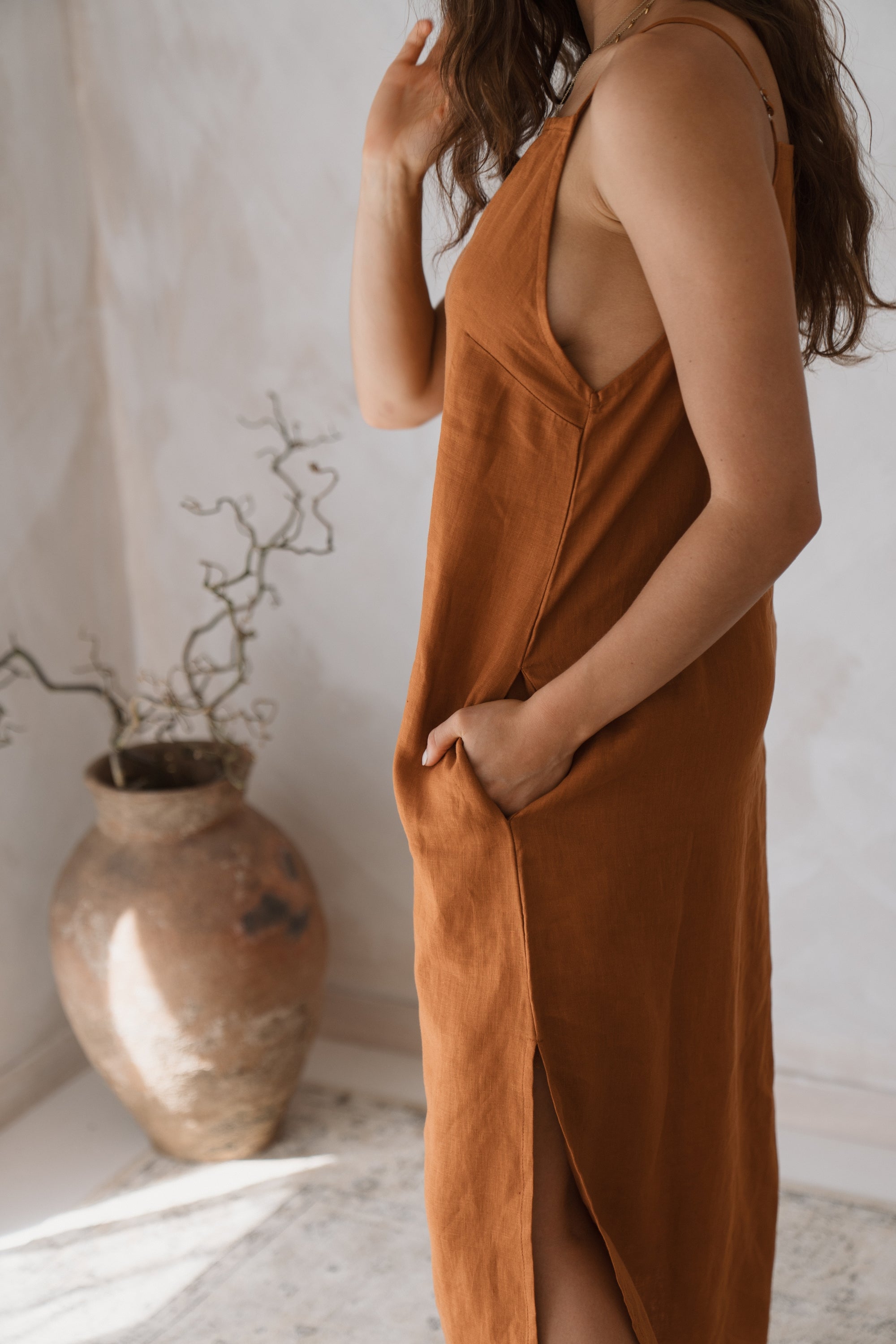 Women&#39;s 100% linen maxi, midi dress with pockets, rust colour, sleeveless with straps, square neck, relaxed fit and perfect for spring summer