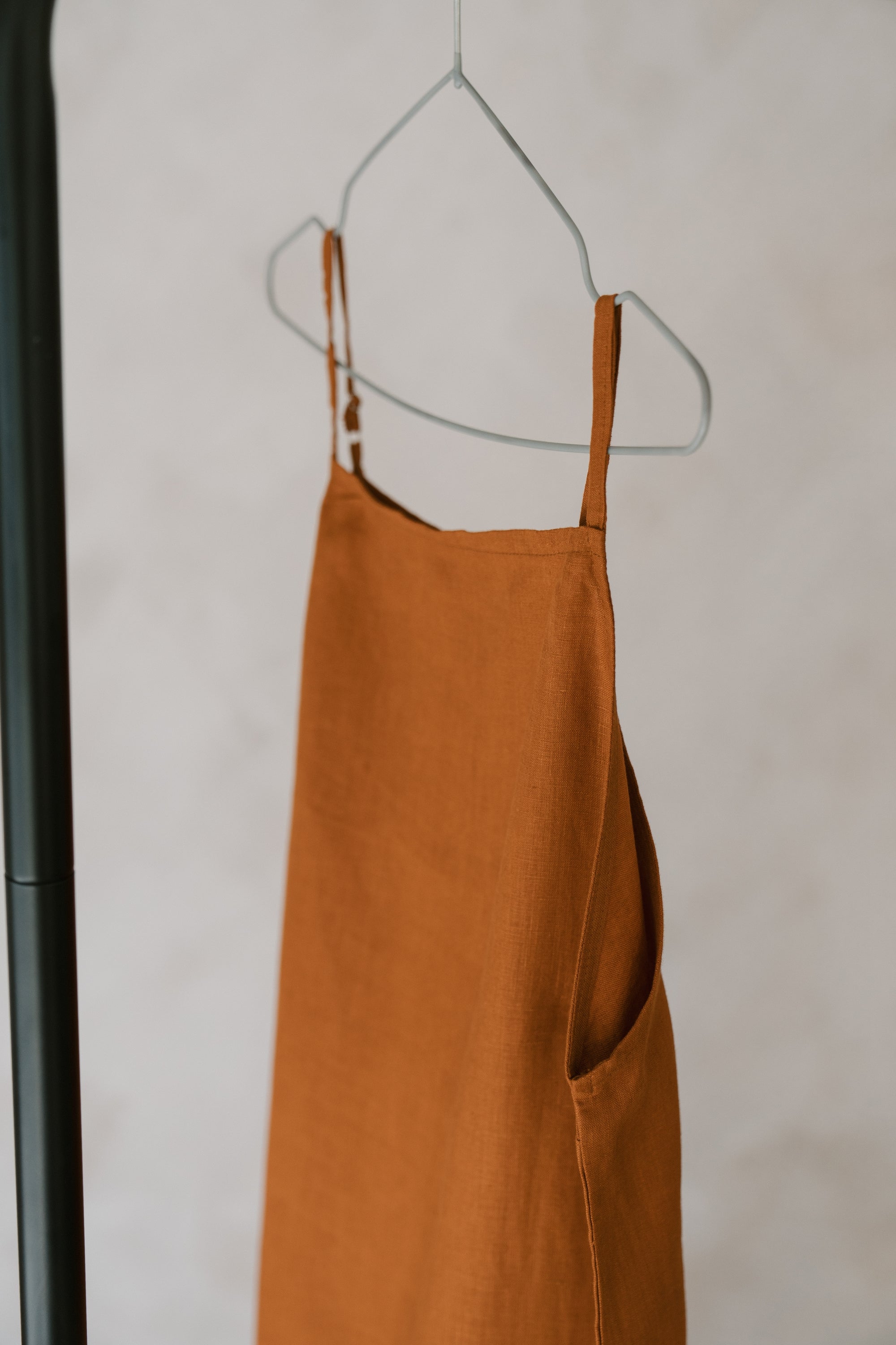 Women&#39;s linen maxi, midi dress with pockets, rust colour, sleeveless with straps, square neck, relaxed fit and perfect for spring summer