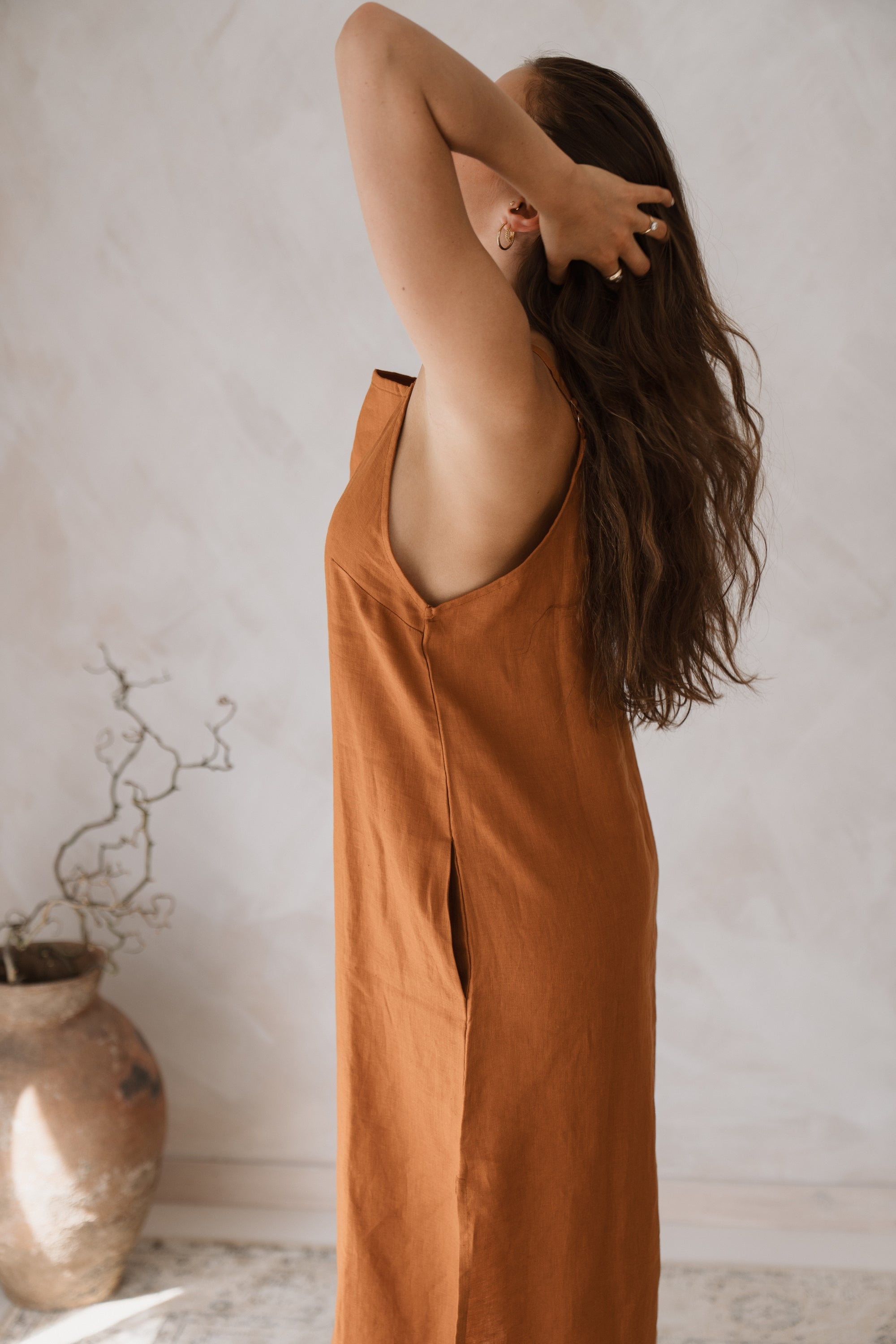 Women&#39;s linen maxi, midi dress with pockets, rust colour, sleeveless with straps, square neck, relaxed fit and perfect for spring summer