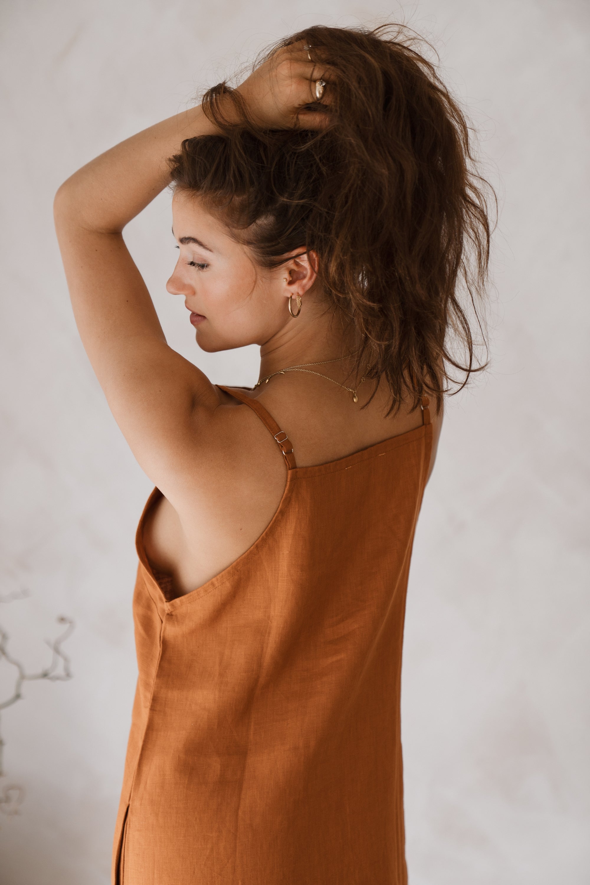 Women&#39;s linen maxi, midi dress with pockets, rust colour, sleeveless with straps, square neck, relaxed fit and perfect for spring summer