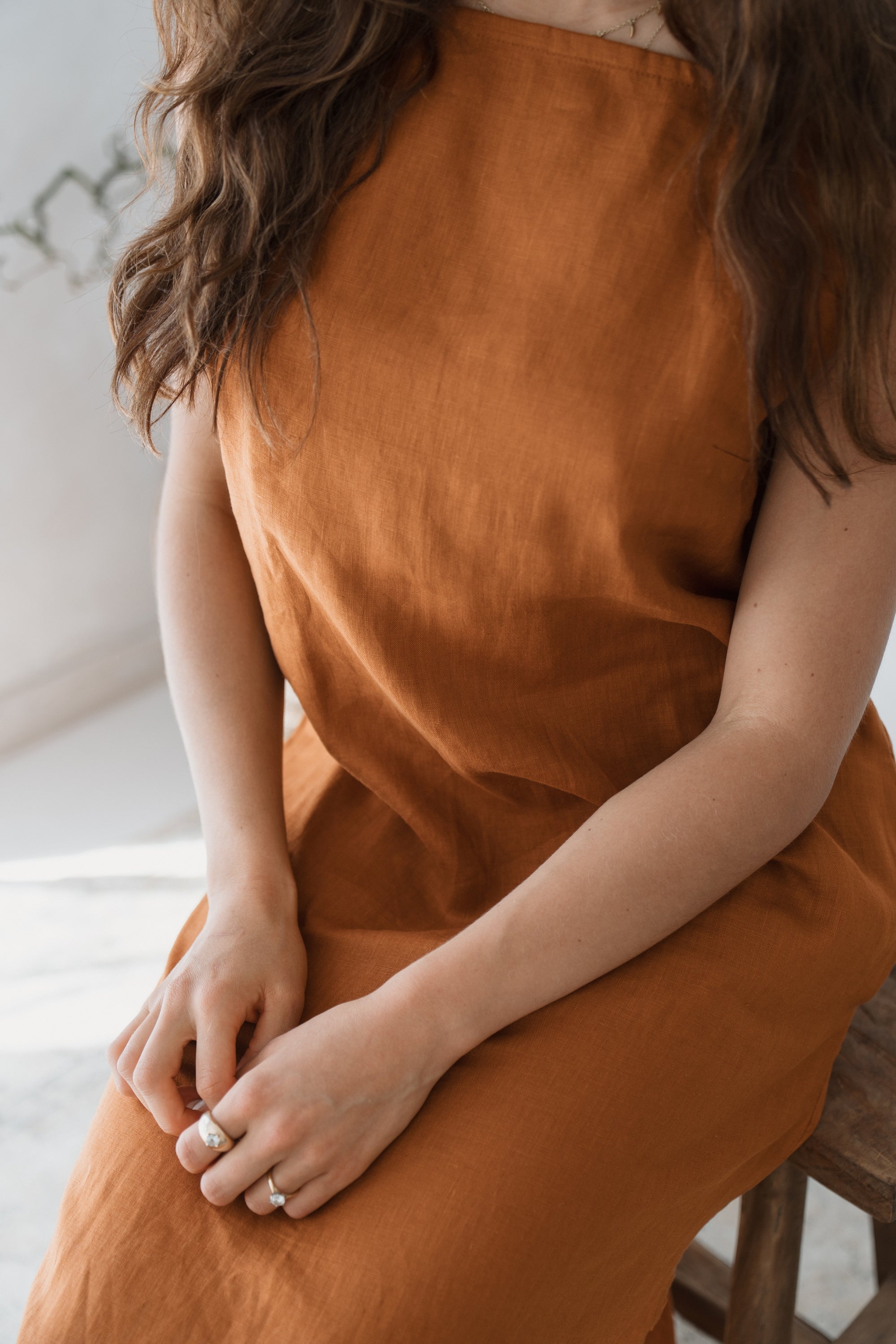 Women&#39;s linen maxi, midi dress with pockets, rust colour, sleeveless with straps, square neck, relaxed fit and perfect for spring summer