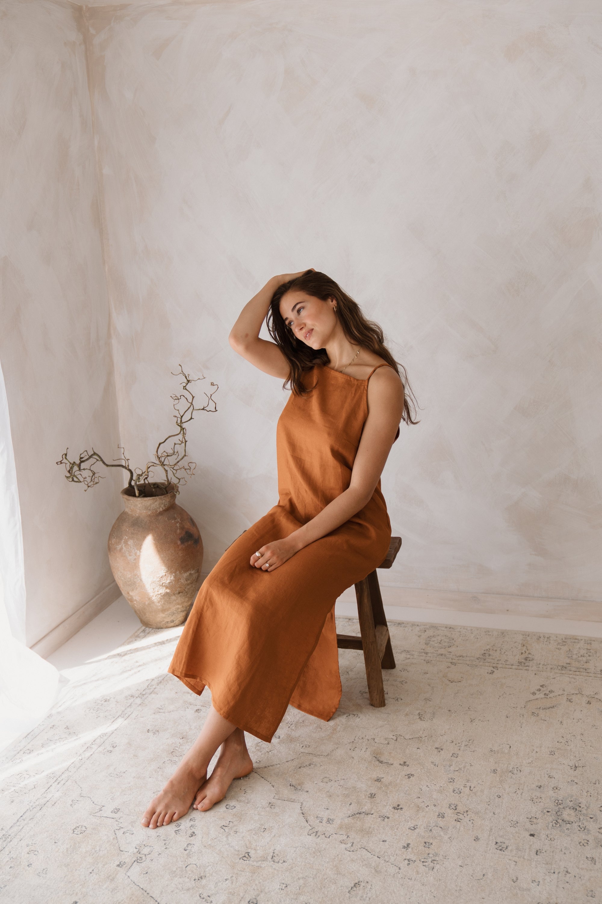 Women&#39;s 100% linen maxi, midi dress with pockets, rust colour, sleeveless with straps, square neck, relaxed fit and perfect for spring summer